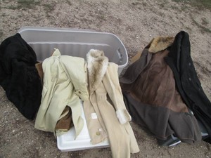 Vintage Leather lined fur trim trench coat, wool dusters and misc heavy coats with Rubbermaid roughtote
