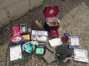 Vintage jewelry box, month themed picture frames, elastic mitt keepers, adult novelty entertainment and more