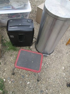 Stainless steel step-on trash can, metal step stool and Fellowes paper shredder