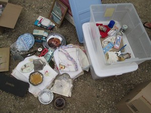 Vintage metal door, table linens, lace doilies, religious decor, sewing notions, scrapbooks and more with covered tote