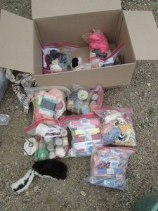 Box of threads, crafting ribbons, knit doilies, buttons and assorted sewing notions