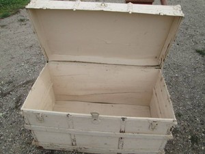 Vintage painted wood trunk with leather handles and metal accents Approx 41x21x24in