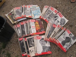 Large collection of vintage Life, Good Old Days, Colliers and people magazines from the 1950s to the 1970s in a Step 2 covered tote