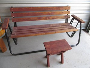 Metal framed wood glider 3-person Park bench plus wood side table
