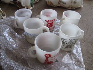 Vintage fire king advertisement mugs