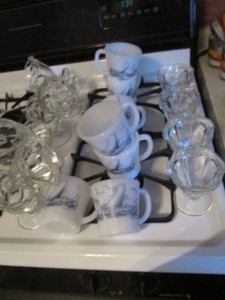 Vintage glass dessert cups and nautical themed fire king mugs