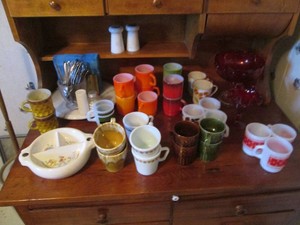 Large variety of assorted theme fire king mugs and depression Era glassware