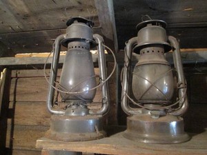 Pair of Antique metal & glass oil lanterns