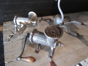 Trio of vintage metal Enterprise tinned meat Choppers no. 12 , no. 10 and non-numbered