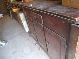 Vintage wood Brunswick Balke Collender Company 3pc bar cabinets and single long wood top (total length over 13ft long)