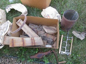 Vintage wood and metal butter churn in pieces