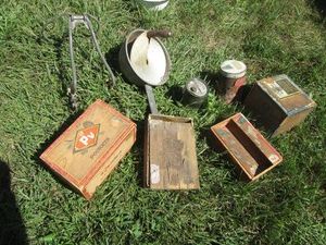 Vintage tins, wood advertisement boxes and metal sifter