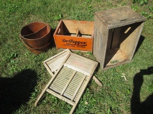 Vintage wood Dr. Pepper & Dairy advertisement crates, wash boards and wood bucket with center divider