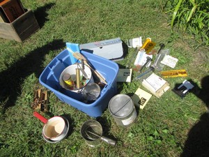 Collection of assorted rain gauges, metal sifters, enamelware pots and pans with other misc vintage collectibles