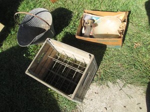 Vintage wood crate with built in metal divider, Metal fireplace ash bucket and glass light fixture