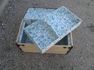 Vintage wood treasure box style storage chest with metal accents and inner lift out organizer tray approx 30x17x20in