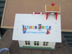 Vintage Fisher Price school house with misc accessories and magnetic numbers and letters