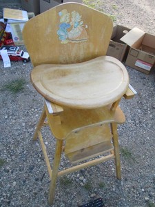 Vintage wood baby high chair with tray