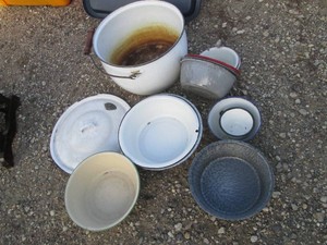 Vintage enamelware pots, pudding Pans and bowls