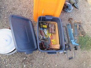 Covered Tote with vintage hand tools and accessories plus modern tools, Soldering wire and more