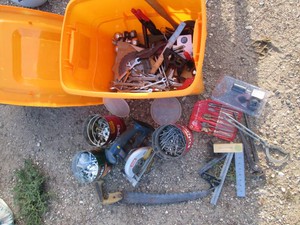 Covered Tote containing misc power tools, hand tools, hitch balls, fasteners and other hardware