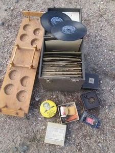 Vintage file case of 45-size record albums and replacement record player needles plus wood tabletop condiment tray