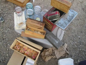 Vintage lidded glass canning jars, wood cheese boxes, milk bottle caps and more