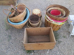 Bundle of assorted size, style and color wicker Rattan baskets, apple baskets and other containers
