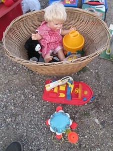 Vintage Fisher Price fire boat and pull along Turtle with basket of misc toys