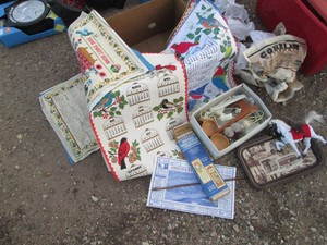 Variety of Wooden scroll style calendars, wood coasters, TV tray and other misc
