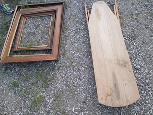 Vintage wood ironing board and decorative wood picture frames