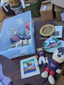 Covered Tote of assorted MN Twins memorabilia and vintage household collectibles