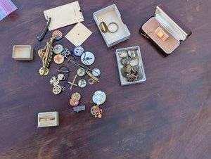 Vintage tie tacks, cuff links, n10k stamped ring, pins and other misc jewelry
