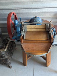 Antique wood barrel style Wringer washer with wood agitator, heavy duty metal crank, pump and other hardware
