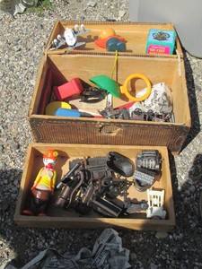 Vintage cardboard jewelry box type container with metal dollhouse style furniture and other collectibles