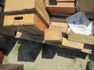 Vintage wood cheese boxes, fruit crate and Pepsi-Cola beverage carrier