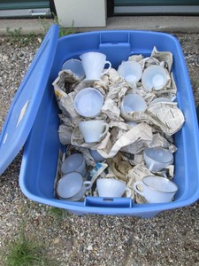 Covered Tote full of vintage Anchor Hocking and Fire King milk glass variety