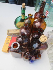 Vintage amber glass bottles and misc Vintage collectibles