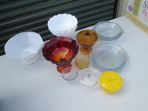 Depression Era milk glass, clear glass, gold glass and Sunburst glass