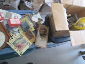 Vintage hair curlers, brushes, playing cards and home decor