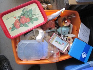 Covered Tote containing vintage animal themed planters, kitchen supplies, dolls, nik naks and home decor