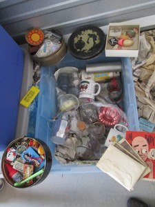 Vintage tins, keychains, metal molds, glassware and other misc