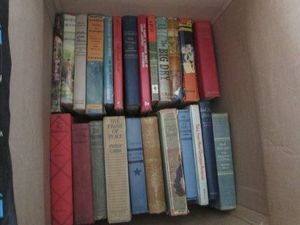Box of vintage Hardcover fiction books and other reading materials
