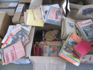Large box of woodworking magazines, successful farming catalogs, history books and other reading materials