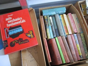 Box of vintage short stories and science fiction books plus Auto mechanics fundamentals