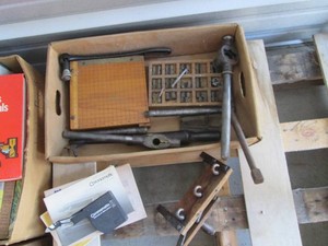 Vintage 8-inch wood Guillotine paper cutter, pipe threader, tap and die tools and more
