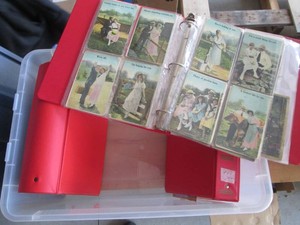 Tote with vintage post cards and souvenir pamphlets in 3-ring binders