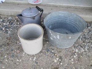 Vintage metal wash bucket, enamelware kettle and 1-gallon Stoneware crock