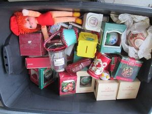 Covered Tote full of Hallmark keepsake Christmas ornaments and decor