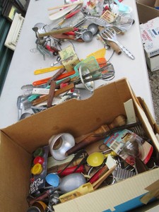 Box of vintage kitchen tools, utensils and household supplies